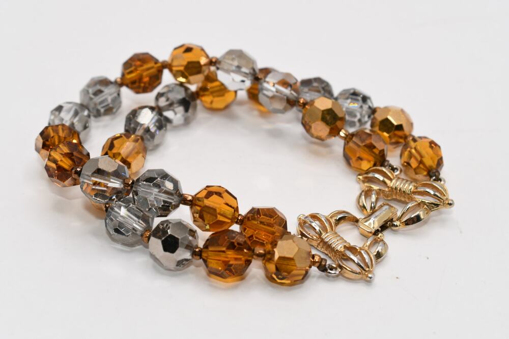 Vintage Marvella Crystal Bracelet Topaz Gray 2 Strand Gold Clasp